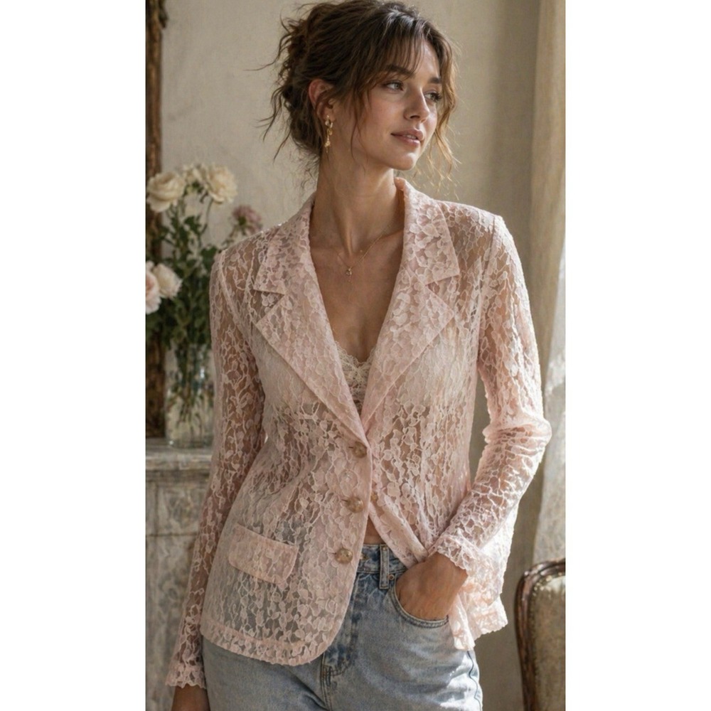 Vintage‎ Fredericks Hollywood Dainty Floral Lace Blazer Jacket Size L Soft Pink